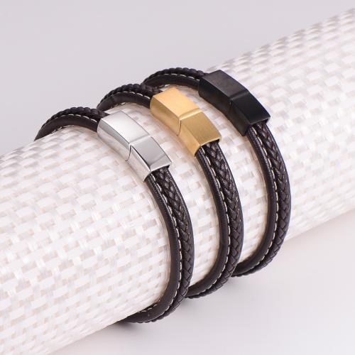 PU Leather Cord Bracelets, with 304 Stainless Steel, Vacuum Ion Plating, fashion jewelry & for man, more colors for choice, Inner Diameter:Approx 60mm, Sold By PC