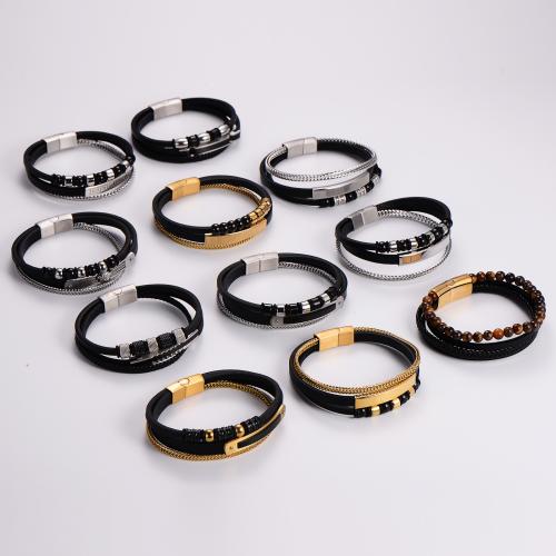 PU Leather Cord Bracelets, with 304 Stainless Steel, Vacuum Ion Plating, fashion jewelry & for man, more colors for choice, Length:22 cm, Sold By PC