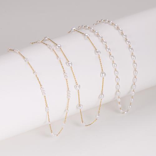 Stainless Steel Jewelry Necklace, 304 Stainless Steel, with Plastic Pearl, with 5cm extender chain, Vacuum Ion Plating, fashion jewelry & different size for choice & for woman, more colors for choice, Length:42 cm, Sold By PC