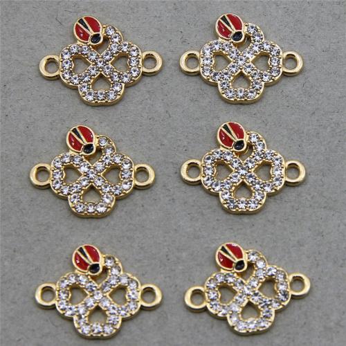 Tibetan Style Connector, Four Leaf Clover, gold color plated, DIY & enamel & with rhinestone & 1/1 loop, nickel, lead & cadmium free, 100PCs/Bag, Sold By Bag