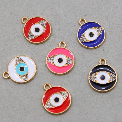 Pendentifs mauvais oeil, alliage de zinc, Rond, Placage de couleur d'or, DIY & motif de mauvais œil & émail & avec strass, plus de couleurs à choisir, protéger l'environnement, sans nickel, plomb et cadmium, 18x15x2mm, 100/sac, Vendu par sac