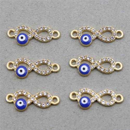 Connecteur Evil Eye, alliage de zinc, Placage de couleur d'or, DIY & motif de mauvais œil & avec strass & boucle de 1/1, bleu, protéger l'environnement, sans nickel, plomb et cadmium, 100PC/sac, Vendu par sac