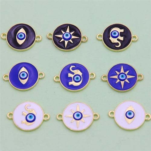 Connecteur Evil Eye, alliage de zinc, Rond, Placage de couleur d'or, DIY & styles différents pour le choix & émail & avec strass & boucle de 1/1, plus de couleurs à choisir, protéger l'environnement, sans nickel, plomb et cadmium, 22x16x2.50mm, 100PC/sac, Vendu par sac