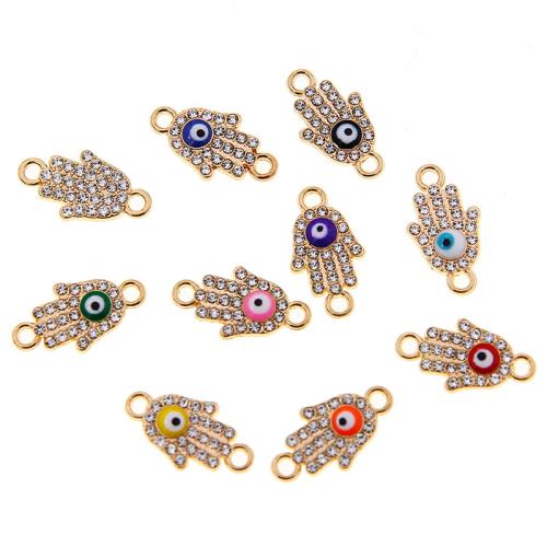 Connecteur Evil Eye, alliage de zinc, main, Placage de couleur d'or, DIY & motif de mauvais œil & émail & avec strass & boucle de 1/1, plus de couleurs à choisir, protéger l'environnement, sans nickel, plomb et cadmium, 100PC/sac, Vendu par sac