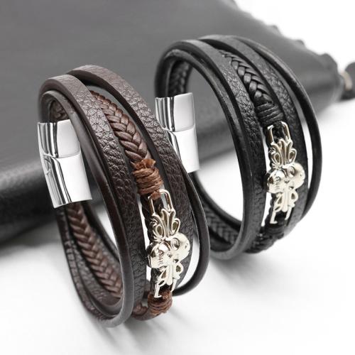 PU Leather Cord Bracelets Zinc Alloy with Magnet & PU Leather plated multilayer & for man nickel lead & cadmium free Length 21 cm Sold By PC