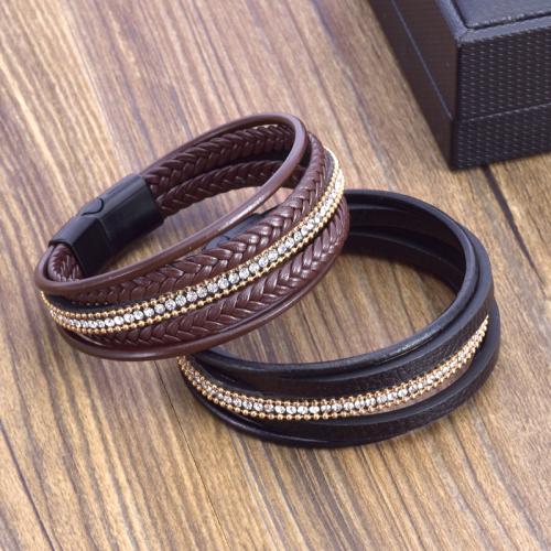 PU Leather Cord Bracelets Zinc Alloy with Magnet & PU Leather plated multilayer & for man & with rhinestone nickel lead & cadmium free Length 21.5 cm Sold By PC