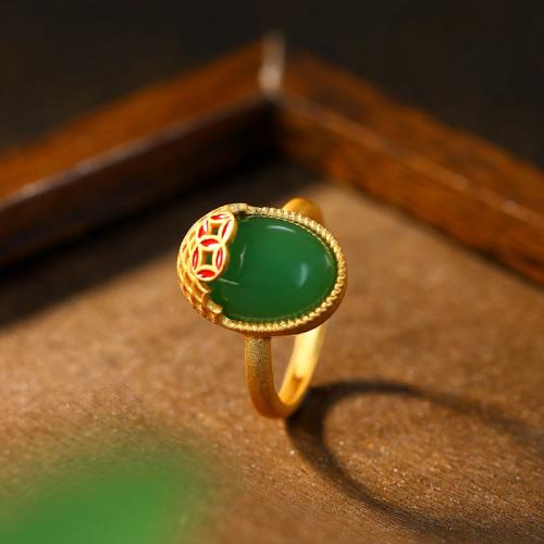 Tibetan Style Cuff Finger Ring, with Jade, gold color plated, for woman & enamel, US Ring Size:6-8, Sold By PC