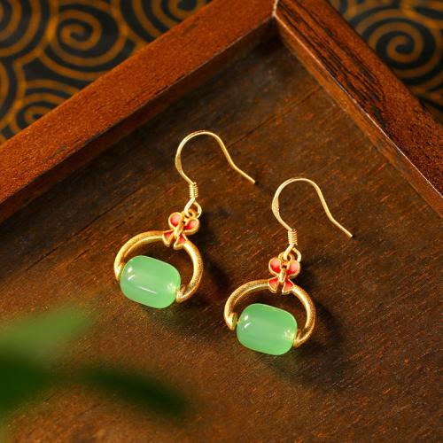 Tibetan Style Drop Earring, with Jade, gold color plated, for woman & enamel & hollow, 15x35mm, Sold By Pair