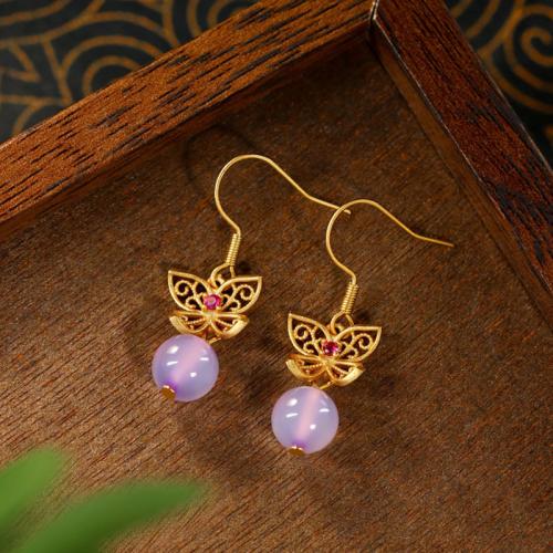 Zinc Alloy Drop Earring with Chalcedony Butterfly gold color plated for woman & hollow Sold By Pair