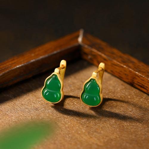 Zinc Alloy Stud Earring with Jade Calabash gold color plated vintage & for woman Sold By Pair