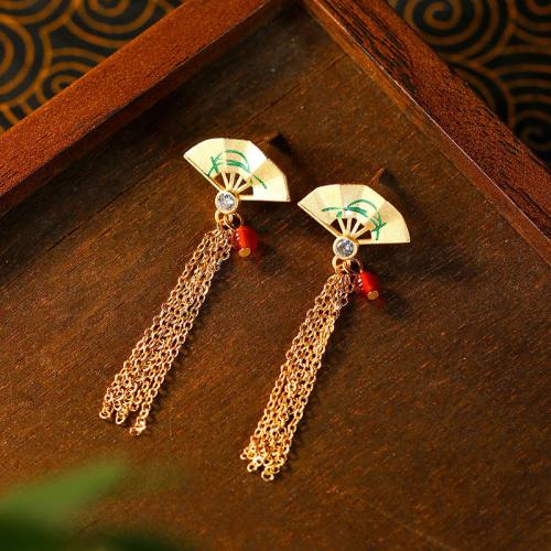 Tibetan Style Tassel Earring, with Chalcedony, Fan, gold color plated, vintage & for woman, 19x55mm, Sold By Pair