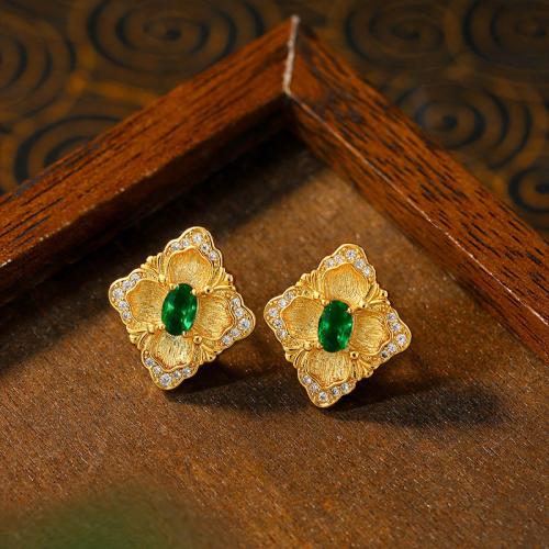 Tibetan Style Stud Earring, gold color plated, vintage & for woman & with rhinestone, 17x19mm, Sold By Pair