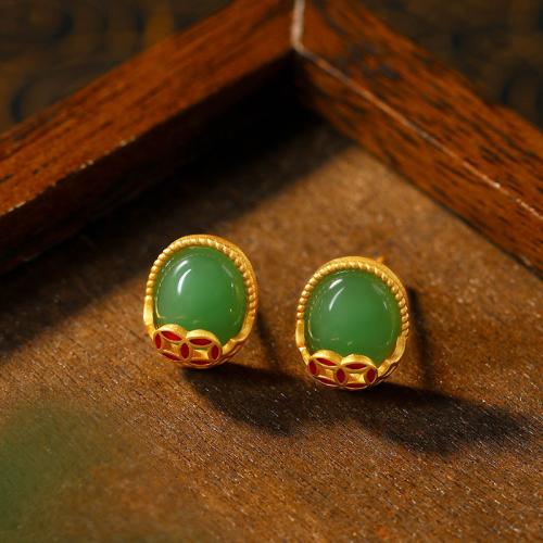 Tibetan Style Stud Earring, with Jade, gold color plated, vintage & for woman & enamel, 10x12mm, Sold By Pair