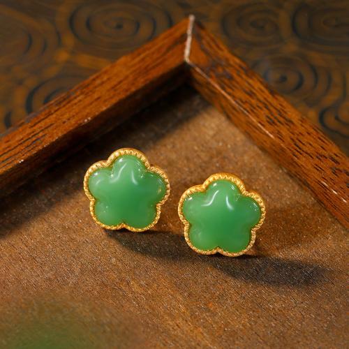 Tibetan Style Stud Earring, with Jade, Plum Blossom, gold color plated, vintage & for woman, 17x16mm, Sold By Pair