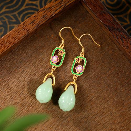 Tibetan Style Drop Earring, with Jade, Flower, gold color plated, for woman & enamel & hollow, 10x56mm, Sold By Pair