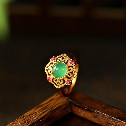 Zinc Alloy Cuff Finger Ring with Green Calcedony Flower gold color plated for woman & with rhinestone & hollow US Ring Sold By PC