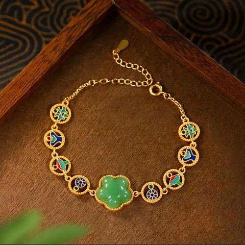 Zinc Alloy Bracelet with Jade gold color plated for woman & enamel & with rhinestone & hollow Length Approx 6-8 Inch Sold By PC