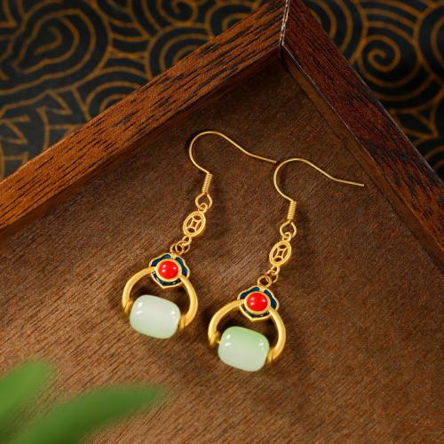 Tibetan Style Drop Earring, with Jade, gold color plated, vintage & for woman & enamel & hollow, 15x49mm, Sold By Pair