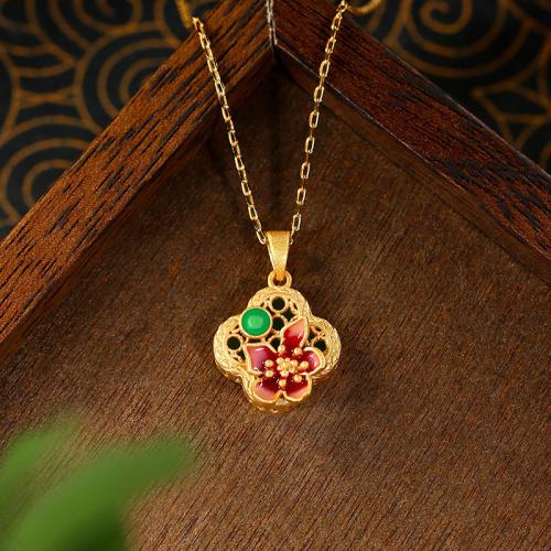 Tibetan Style Necklace, with Jade, Flower, gold color plated, vintage & oval chain & for woman & enamel & hollow, Length:Approx 17.7 Inch, Sold By PC