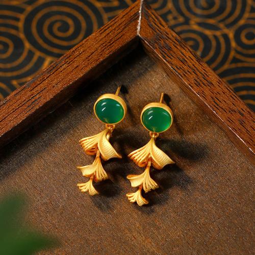 Tibetan Style Drop Earring, with Jade, Ginkgo Leaf, gold color plated, for woman & hollow, 13x33mm, Sold By Pair