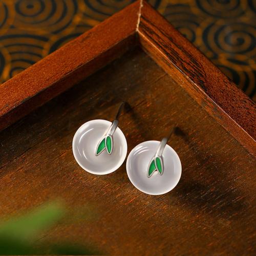 Tibetan Style Stud Earring, with Chalcedony, Leaf, silver color plated, vintage & for woman, 11x13mm, Sold By Pair