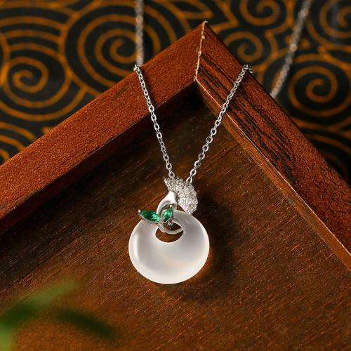 Tibetan Style Necklace, with White Chalcedony, Ginkgo Leaf, silver color plated, oval chain & for woman & with rhinestone, Length:Approx 17.7 Inch, Sold By PC