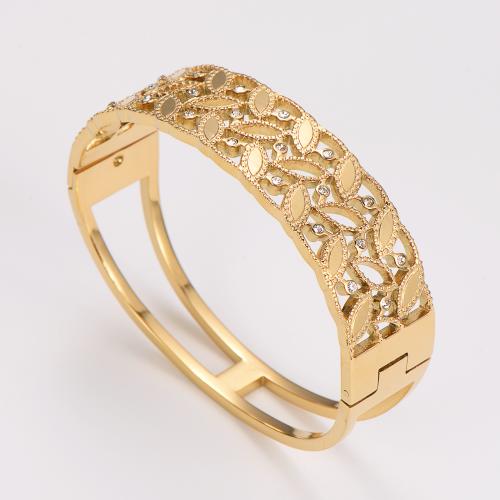 Stainless Steel Bangle, 304 Stainless Steel, Vacuum Ion Plating, fashion jewelry & for woman & with rhinestone, golden, 18mm, Inner Diameter:Approx 60x50mm, Sold By PC