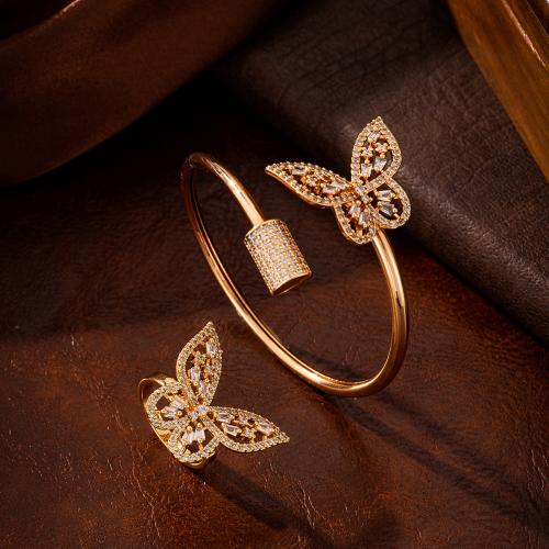 Cubic Zirconia Micro Pave Brass Jewelry Sets bangle & finger ring Butterfly gold color plated & micro pave cubic zirconia & for woman nickel lead & cadmium free Sold By PC