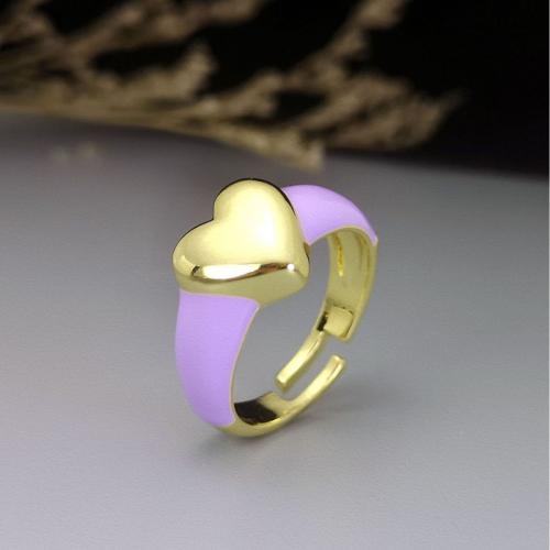 Anillo de dedo de latón, metal, Corazón, chapado en color dorado, para mujer & esmalte, Púrpura, inner diameter:17~20mm, Vendido por UD