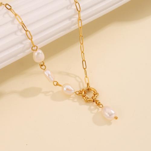 Stainless Steel Jewelry Necklace, 304 Stainless Steel, with Plastic Pearl, gold color plated, for woman, Length:45 cm, Sold By Pair