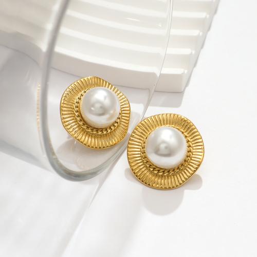 Stainless Steel Stud Earrings, 304 Stainless Steel, with Plastic Pearl, Slightly Round, gold color plated, for woman, 26x26mm, Sold By Pair