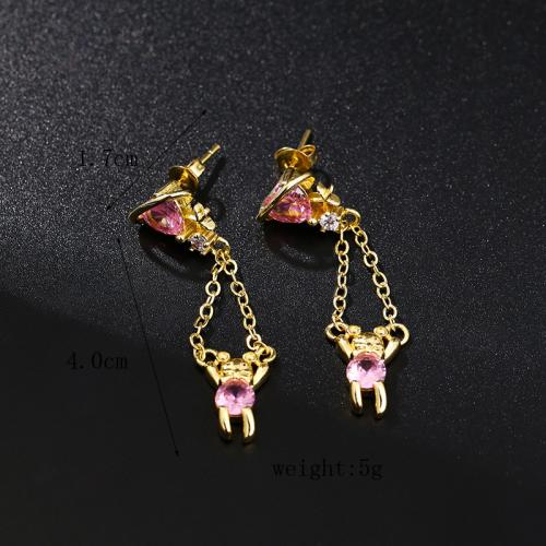 Boucles d'oreilles en laiton zircon cubique pavent, ours, Placage, pavé de micro zircon & pour femme, Or, Vendu par paire