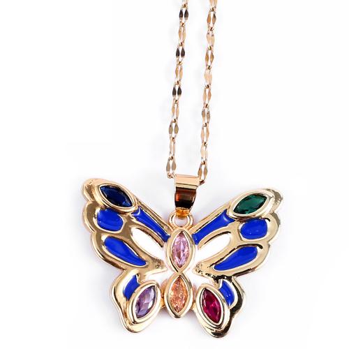 Cubic Zircon Micro Pave Brass Necklace, with 5CM extender chain, Butterfly, gold color plated, micro pave cubic zirconia & for woman & enamel, more colors for choice, Length:Approx 40 cm, Sold By PC