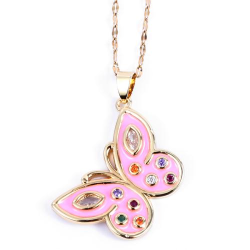 Cubic Zircon Micro Pave Brass Necklace with 5CM extender chain Butterfly gold color plated micro pave cubic zirconia & for woman & enamel Length Approx 40 cm Sold By PC