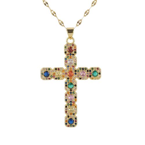 Cubic Zircon Micro Pave Brass Necklace Cross plated & micro pave cubic zirconia & for woman Length Approx 41-50 cm Sold By PC