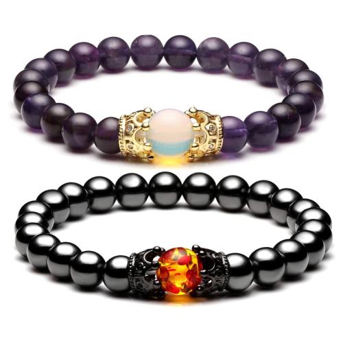 Stainless Steel Jewelry Bracelet, 304 Stainless Steel, with Gemstone & Amber, handmade, 2 pieces & different materials for choice & Unisex, more colors for choice, Length:Approx 16 cm, Sold By Set