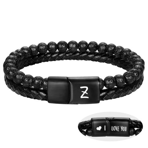 Bracelet cordon en cuir, Acier inoxydable 304, avec Cuir synthétique & lave volcanique, fait à la main, styles différents pour le choix & pour homme, noire, Longueur:Environ 16 cm, Vendu par PC