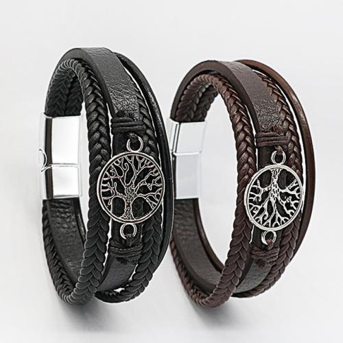 PU Leather Cord Bracelets, Tibetan Style, with PU Leather, plated, multilayer & for man, more colors for choice, nickel, lead & cadmium free, Length:21.5 cm, Sold By PC