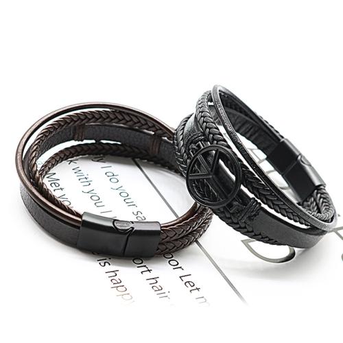 PU Leather Cord Bracelets, Tibetan Style, with Magnet & PU Leather & Wax Cord, plated, multilayer & for man, more colors for choice, nickel, lead & cadmium free, Length:21 cm, Sold By PC