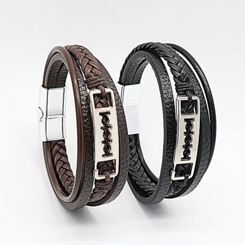 PU Leather Cord Bracelets, Tibetan Style, with Magnet & PU Leather, plated, multilayer & for man, more colors for choice, nickel, lead & cadmium free, Length:21 cm, Sold By PC