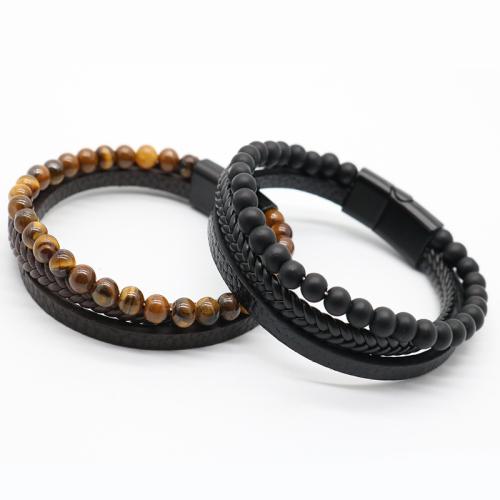 PU Leather Cord Bracelets, Tibetan Style, with Magnet & PU Leather & Lava & Tiger Eye, plated, three layers & different materials for choice & Unisex, more colors for choice, nickel, lead & cadmium free, Length:21 cm, Sold By PC