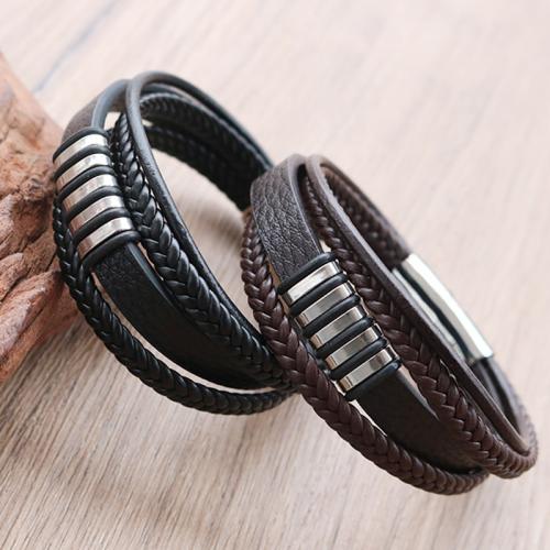 PU Leather Cord Bracelets Zinc Alloy with PU Leather & 304 Stainless Steel Vacuum Ion Plating multilayer & Unisex nickel lead & cadmium free Length 21 cm Sold By PC