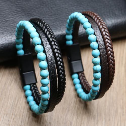 PU Leather Cord Bracelets, Tibetan Style, with Magnet & PU Leather & Natural Turquoise, plated, three layers & Unisex, more colors for choice, nickel, lead & cadmium free, Length:21 cm, Sold By PC