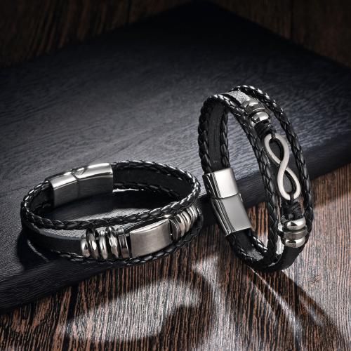 PU Leather Cord Bracelets, Tibetan Style, with PU Leather & 304 Stainless Steel, Vacuum Ion Plating, three layers & different styles for choice & for man, more colors for choice, nickel, lead & cadmium free, Length:21 cm, Sold By PC