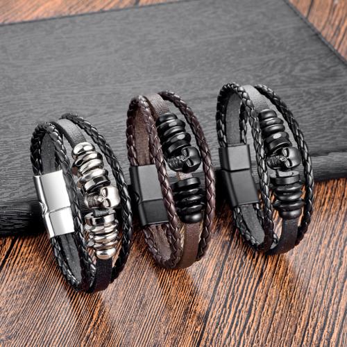 PU Leather Cord Bracelets, Tibetan Style, with PU Leather & PVC Plastic, plated, three layers & Unisex, more colors for choice, nickel, lead & cadmium free, Length:21 cm, Sold By PC