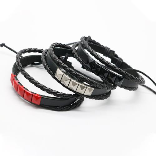 PU Leather Cord Bracelets, Tibetan Style, with PU Leather & Wax Cord, plated, three layers & Unisex, more colors for choice, nickel, lead & cadmium free, Length:19 cm, Sold By PC