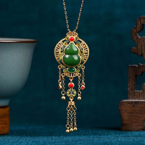 Brass Necklace with Jade Calabash gold color plated Imitation Hetian Jade & oval chain & for woman & enamel & hollow Length Approx 17.7 Inch Sold By PC