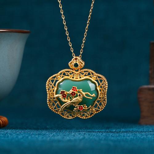 Brass Necklace with Jade Longevity Lock gold color plated vintage & oval chain & for woman & enamel & hollow Length Approx 17.7 Inch Sold By PC