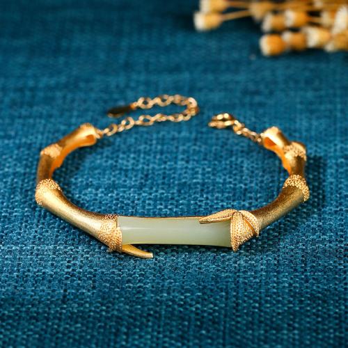 Brass Bracelet, with Jade, Bamboo, gold color plated, vintage & for woman, Length:Approx 6-8 Inch, Sold By PC