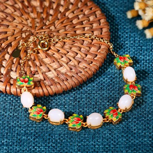 Brass Bracelet, with Jade, with 2.2inch extender chain, Lotus, gold color plated, vintage & for woman & enamel, Length:Approx 16.3 Inch, Sold By PC